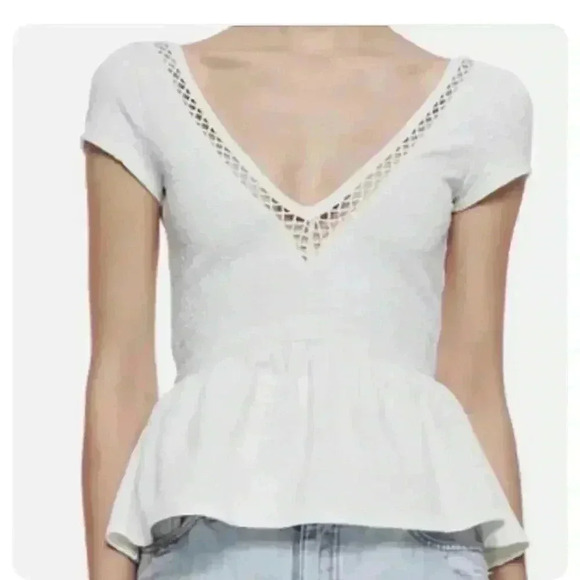 FREE PEOPLE Ivory Ecru Cutout Peplum V Neck Jacquard Top - Picture 1 of 5